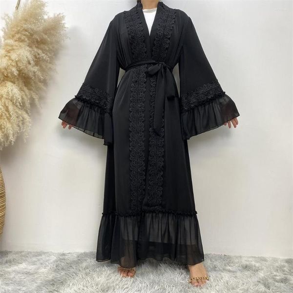Ropa étnica Lujo Modesto Mubarak Vestido negro Encaje Abaya Musulmán Ramandán Eid Robe Cardigan Vestidos largos Kimono Jubah Thobe Oración islámica
