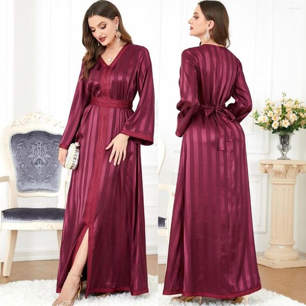 Vêtements ethniques Robes de soirée de luxe Abayas Musulman V-Neck Stripe Lace Ramandan Eid Robe Cardigan Robes longues Kimono Jubah Thobe Islamic