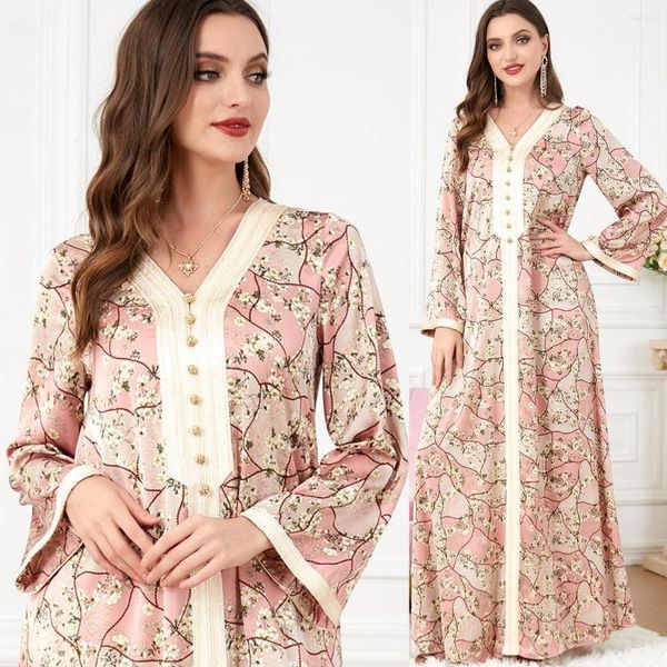 Ropa étnica Vestidos de fiesta de lujo Abayas Musulmanes con cuello en V Estampado floral Ramadan Eid Robe Cardigan Vestidos largos Kimono Jubah Thobe Islámico