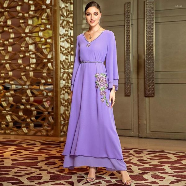 Vêtements ethniques luxe Ramadan violet robe musulmane pour les femmes Eid arabe Jalabiya Marocain vêtements islamique turquie robes caftan marocain