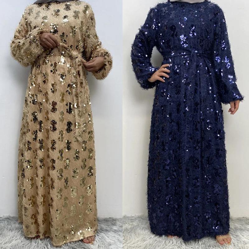 Abbigliamento etnico Abito lungo da donna musulmana con paillettes di lusso Eid Furry Abaya Ramadan Dubai Turchia Caftano con cintura Abito islamico Abito caftano
