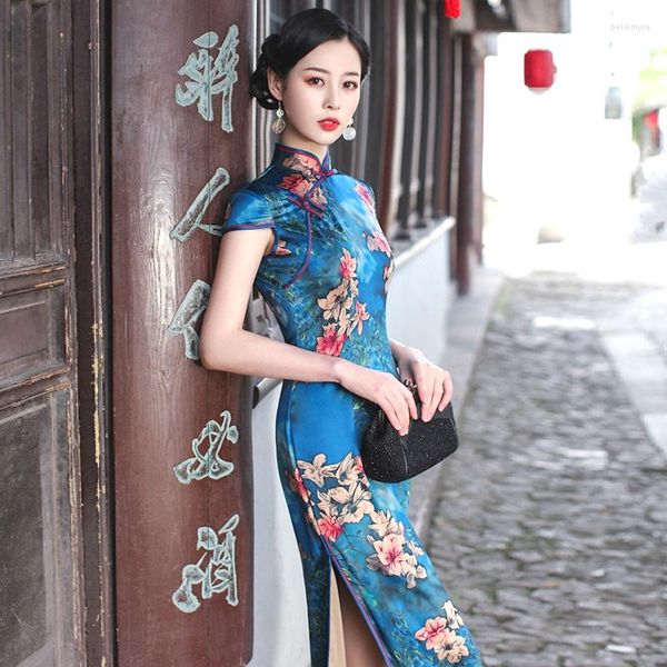 Vêtements ethniques M-4XL Taille Femme Quotidien Chinois Cheongsam Robe Bleu Royal Long Élégant Qipao Défilé Amélioré Soie Satin D'été