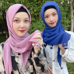 Vêtements ethniques Pendentif malaisien Perle Fleur Hijabs Bawal Tudung Plain Haute Qualité Châle Châles Premium Heavy Mousseline Hijab Foulard Carré