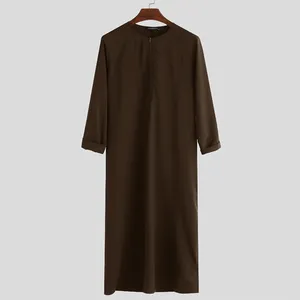 Etnische kleding mannelijk lang shirt moslim gepersonaliseerde vaste kleur Arab thobe comfortabele katoenen kaftan gewaden mouw