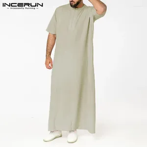 Vêtements ethniques Homme Vintage Manches courtes O Cou Musulman Arabe Islamique INCERUN Mens Robes de couleur unie Style Saoudien Zipper Jubba Thobe 5XL