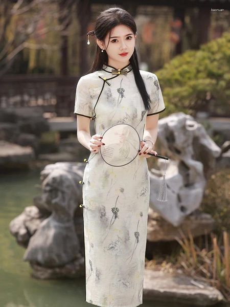 Vêtements ethniques Mandarin Collier imprimé Cheomgsam Style chinois traditionnel robe Qipao Bouton vintage Bouton Forme de fête