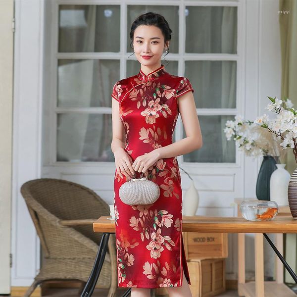 Vêtements ethniques col Mandarin rétro robe de soirée formelle femmes chinois traditionnel Qipao robe côté fendu Vintage Vestidos imprimé Floral