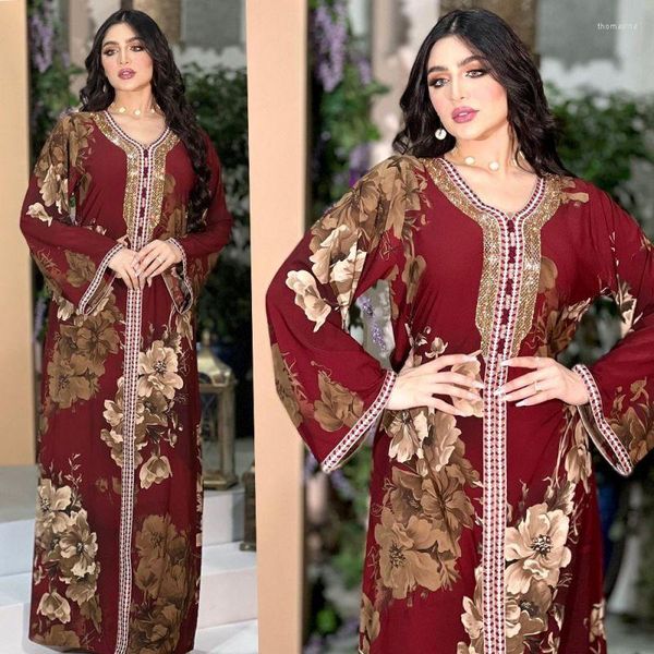 Vêtements ethniques Maroon Floral Maxi Robe pour femmes musulmanes Eid Tape Trim Diamant Col V Manches longues Lâche Arabe Oman Dubaï Maroc Robe