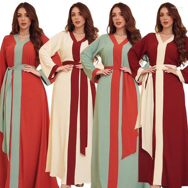 Vêtements ethniques Maxi Robes Pour Femmes Mode Couleur Bloc Lâche Casual Moyen-Orient Musulman Qtar Arabe Oman Dubaï Robe Orange Automne 2023