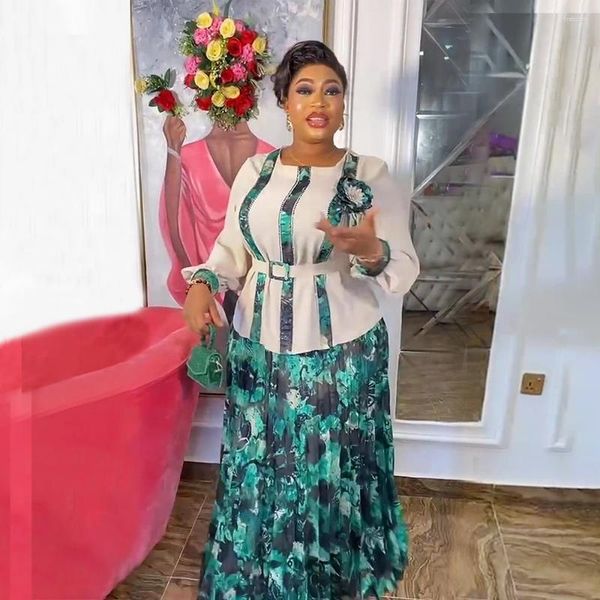 Ropa étnica MD Dashiki Imprimir Africano 2 piezas Set para mujeres Vestido Camisa Talla grande Floral Maxi Robe Elegante Ladies Office Outfit