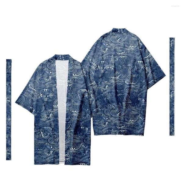 Ropa étnica de los hombres japonés Sakura patrón largo Kimono Cardigan Samurai traje tradicional camisa Yukata chaqueta 11