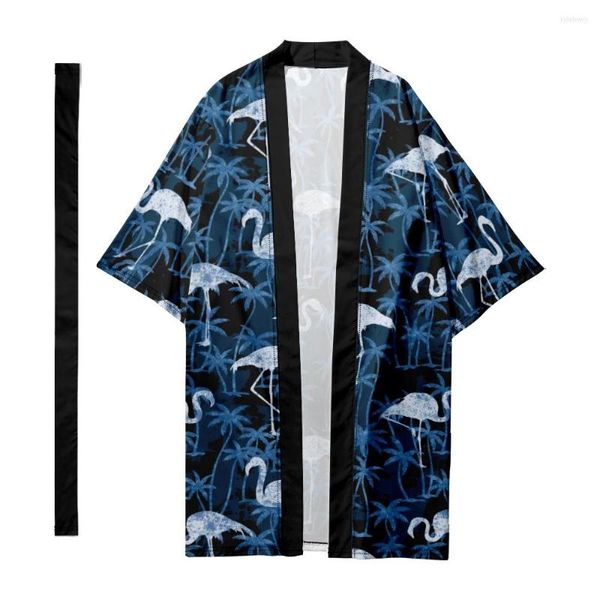 Vêtements ethniques Homme Japonais Traditionnel Hawaïen Flamingo Rayures Long Kimono Cardigan Samouraï Peignoirs Chemise Yukata Veste 4