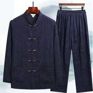 Ropa étnica de satén de seda para hombre, traje Tang chino tradicional, camisa y pantalones con cuello levantado para primavera y verano, Tai Chi de bolsillo Hanfu para hombre