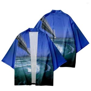 Etnische kleding mannen en vrouwen Japanse kimono mode traditionele kunstlandschap print vest vesting casual losse dunne jas jas
