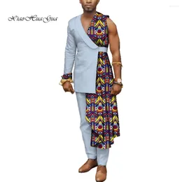 Vêtements ethniques Hommes Bazin Riche Patchwork Une épaule Hauts et pantalons Coton 2 pièces Ensembles spéciaux personnalisés Hommes africains WYN497