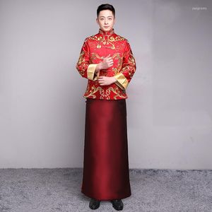 Vêtements ethniques Hommes Cheongsam Top 2022 Mâle Marié Mariage Qipao Marié Han Fu Rouge Broderie Style Chinois Toast Robe Veste Tang Costume