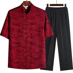 Etnische Kleding Mannen Chinese Kleding Shirtpants Halve Mouw Tang Pak Hand Knop Kostuums Satijn Zijde Hanfu Mandarijn Kraag