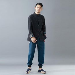 Etnische kleding mannen Chinese stijl katoenlinnen tang shirttops mandarine kraag vestiging Japanse harajuku casual jas retro button gewaad jurk