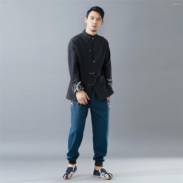 Ropa étnica hombres estilo chino algodón Lino Tang ShirtTops cuello mandarín cárdigan japonés Harajuku Casual abrigo Retro botón túnica