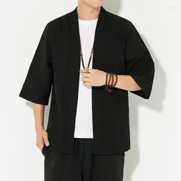 Ropa étnica hombres algodón linne cárdigan japonés kimono samurai chaqueta de vestuario camisa yukata haori abrigo casual