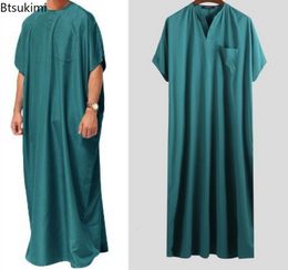 Ropa étnica Hombres Islámico Árabe Kaftan Vintage Sólido Manga corta Suelta Retro Túnicas Abaya Dubai Oriente Medio Ropa musulmana S-5XL 230529