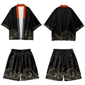 Etnische kleding mannen Japanse streetwear samurai kostuum Haori kimono zwarte golven print vest en shorts set cosplay jas