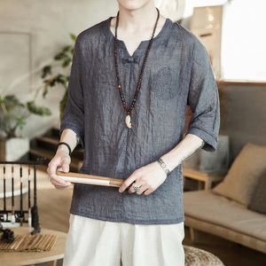 Etnische kleding mannen Japanse stijl retro solide kleur v-neck tang pakken traditionele Chinese shirt tops plus maat 5xl mannelijke blouseethnic