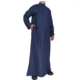 Vêtements ethniques Men Jubba thobe eid Ramadan Navy bleu solide Kaftan Arabe musulman islamique Abaya Polyester Djellaba Price Maroc Qamis Homme