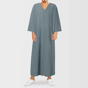 Vêtements ethniques hommes à manches longues Aman Abaya Jubba Thobe pour Kaftan Pakistan musulman saoudien Vin Islam Neck Islam Robe Afghan