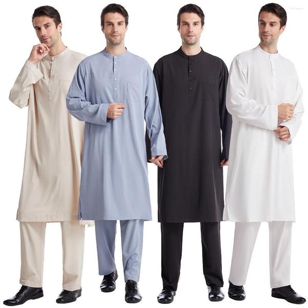 Vêtements ethniques Hommes Musulman Islamique Caftan Arabie Saoudite Couleur Unie Bouton O Cou À Manches Courtes Mode Jubba Thobe Dubaï Moyen-Orient Robes