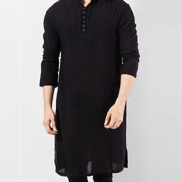 Vêtements ethniques hommes musulman T-Shirt manches longues boutons col montant caftan Blouse couleur unie côté fendu arabe Robe tunique hauts ethnique
