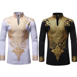 Etnische kleding Men afdrukken Afrikaanse printjurken Rich Bazin Dashiki Lange mouw T-shirt Traditionele modestijl Volwassen blouse kleding 230310