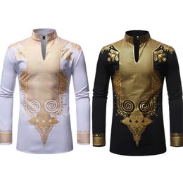 Etnische kleding Men afdrukken Afrikaanse printjurken Rich Bazin Dashiki Lange mouw T-shirt Traditionele modestijl Volwassen blouse kleding 230425