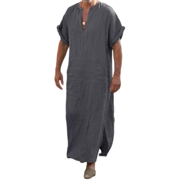 Vêtements ethniques Hommes Robe avec poche à manches courtes enroulables Couleur unie Col en V Kaftan Musulman Jubba Thobe S-5XL