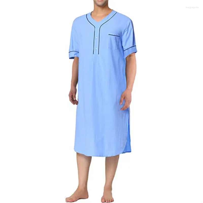 Ethnic Clothing Men's Abaya Short Sleeve V-neck Robe Casual Homewear Loose Solid Color Nightgown Islamic Muslim Thobes Summer Dress