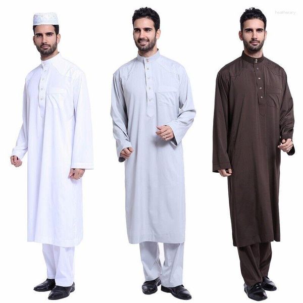 Vêtements ethniques Vêtements islamiques pour hommes Ramadan Eid Robe de couleur unie musulmane pour homme Jubba Thobe Moyen-Orient Robe arabe Kaftan Dubai Abaya