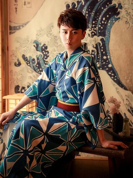 Ropa étnica Kimono tradicional japonés para hombres con cinturón Retro Japón Estilo Ropa formal Albornoz Cosplay Pografía