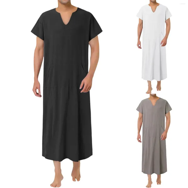 Ropa étnica Jubba Thobe con cuello en V Kaftan musulmán árabe islámico manga corta algodón largo lino batas color sólido Arabia hombre Abaya