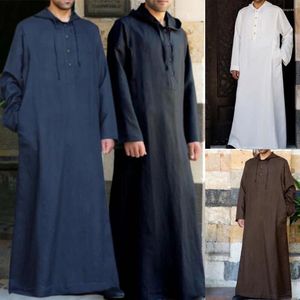 Vêtements ethniques Vêtements musulmans à capuche à manches longues pour hommes Couleur unie Jubba Thobe Robes du Moyen-Orient Dubaï Homme Islamique Arabie Saoudite Kaftan