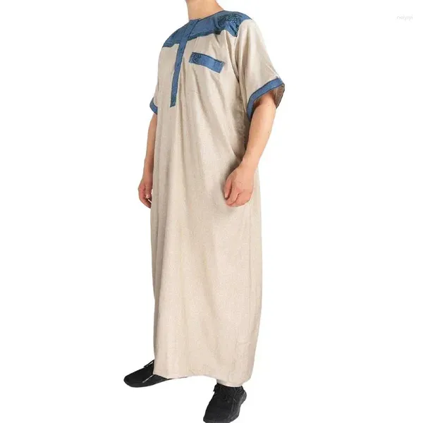 Vêtements ethniques Hommes Marocain Brodé Thobe Col Rond Couture Coton Et Lin Robe Usine En Gros