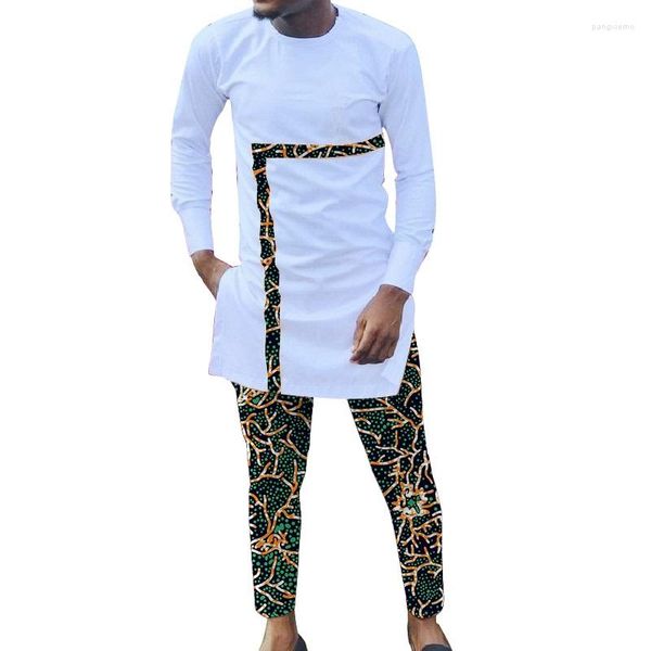 Ropa étnica, camisa de retales para hombre, camisetas blancas de manga larga, pantalones Dashiki, trajes de pantalón personalizados, ropa de fiesta con estampado africano