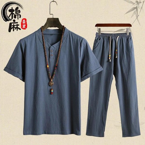 Vêtements ethniques Hommes Summer Plus Taille Coton Lin Costume T-shirt à manches courtes Pantalon Deux pièces Emballé Islam Vêtements musulmans Homme