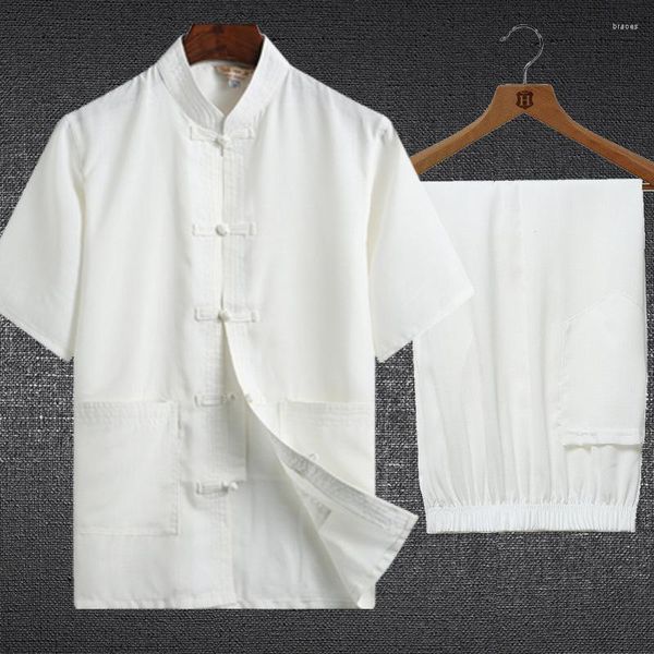 Ropa étnica Traje Tang para hombres Camisa de manga corta Tai Chi Algodón Lino Chino Hanfu Artes marciales Ejercicio Verano