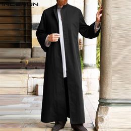 Etnische Kleding Mannen Effen Moslim Lange Tops INCERUN Vintage Herfst Mouw Stand Kraag Abaya Jubba Bedekt Knop Islamitische Plus Size272c