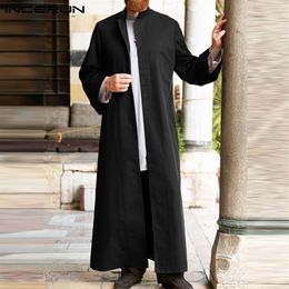 Vêtements ethniques hommes solide musulman longs hauts INCERUN Vintage automne manches col montant Abaya Jubba bouton couvert islamique Plus Size224S