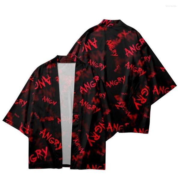 Ropa étnica Hombres Mujeres Impresión negra Kimono y pantalones cortos Cardigan Japonés Haori Ropa Yukata Streetwear Camisa de playa de verano