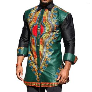 Ropa étnica para hombre verde africano Dashiki estampado botón abajo camisas de vestir delgadas ropa de manga larga hombres camisa tradicional traje