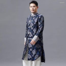 Etnische kleding heren tang pak lange jas mannelijke cheongsam stijl stand kraag top traditionele lente herfst Chinees Chinees