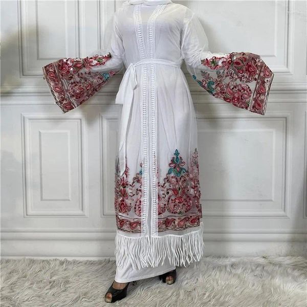 Ropa étnica Malla Bordada Musulmana Mujeres Abierta Abaya Maxi Vestido Turquía Kimono Cardigan Dubai Kaftan Robe Islámico Árabe Jalabiya Eid