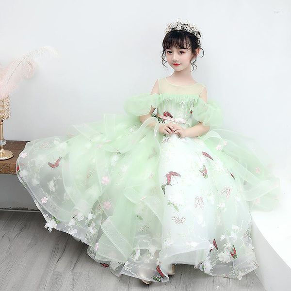 Ropa étnica Malla Niñas Elegante Princesa Vestido Verde Vestidos de novia Fiesta de cumpleaños Niños Noche Vestidso